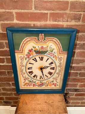 Vintage Blue Framed Embroidered Clock Wall Art